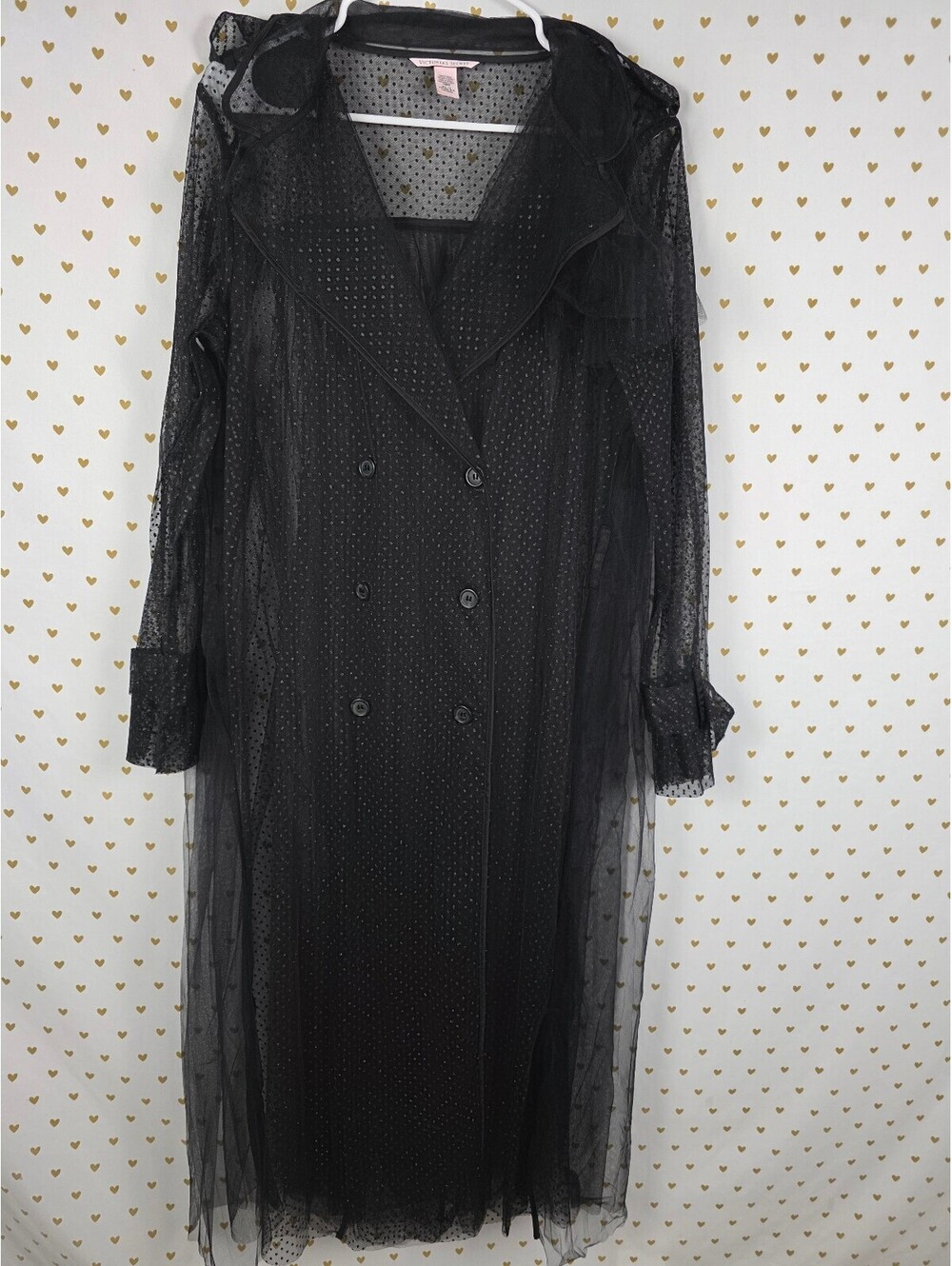 Victoria's Secret Black Sheer Tulle Maxi Robe M/L Polka Dot Ruffle Trench